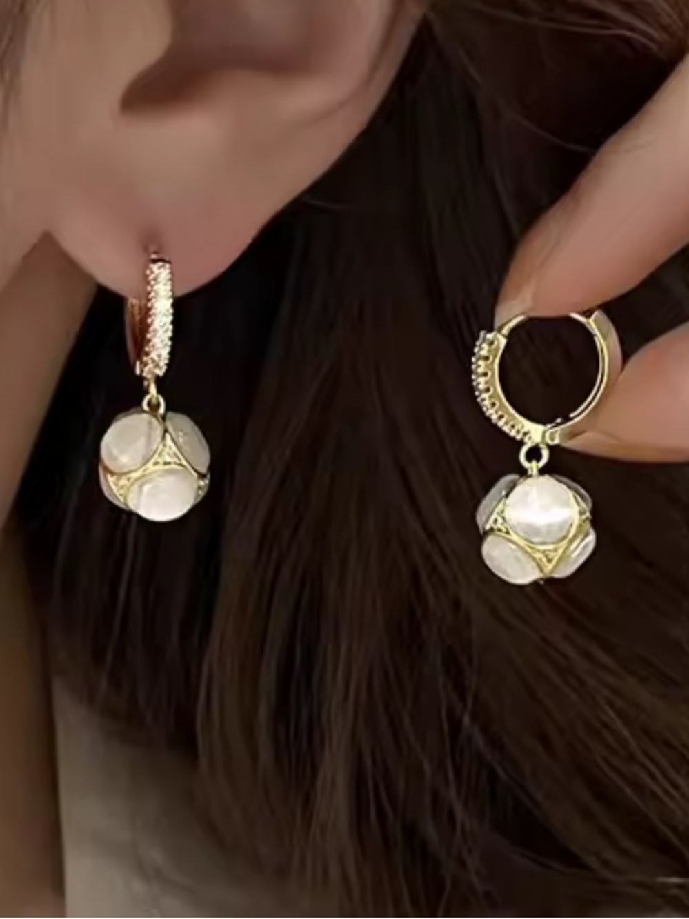 Anthropologie Gold Tone Hoop Earrings with White Mother-of-Pearl Drops
